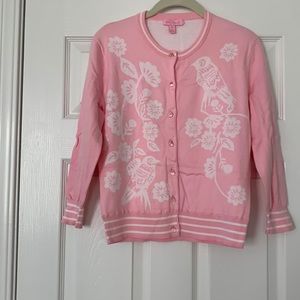 Beautiful Lily Pulitzer Sweater Pink with white background.